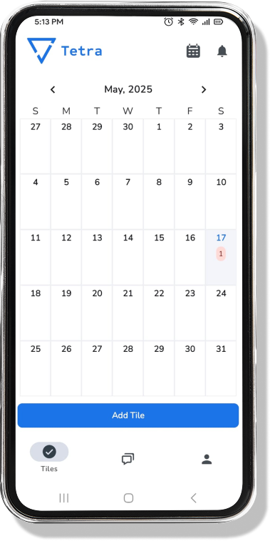 Tetra: a month calendar on a phone, with the day planner below it.