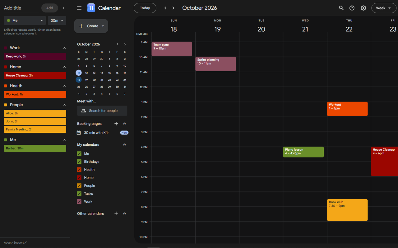 The Usuals sidebar beside a week in Google Calendar, with usuals grouped under Work, Home, Health and People.