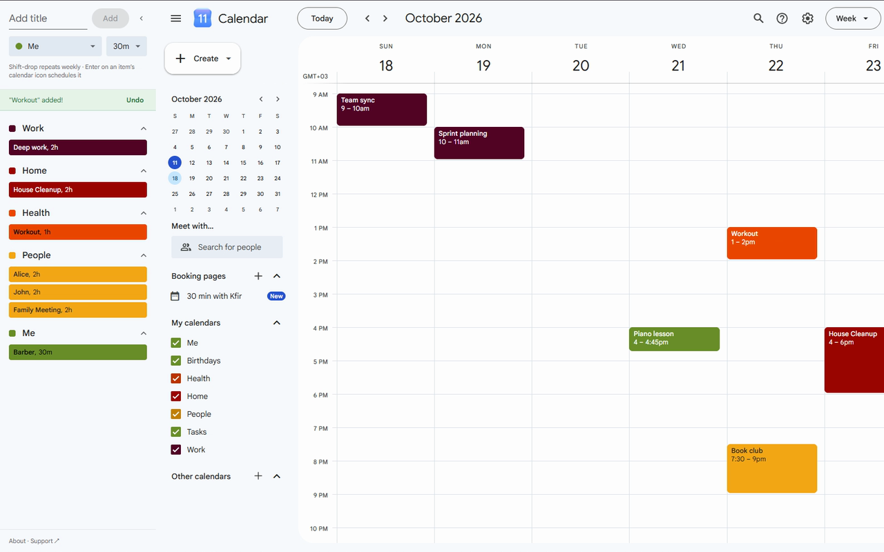 The Usuals sidebar beside a week in Google Calendar, with usuals grouped under Work, Home, Health and People.